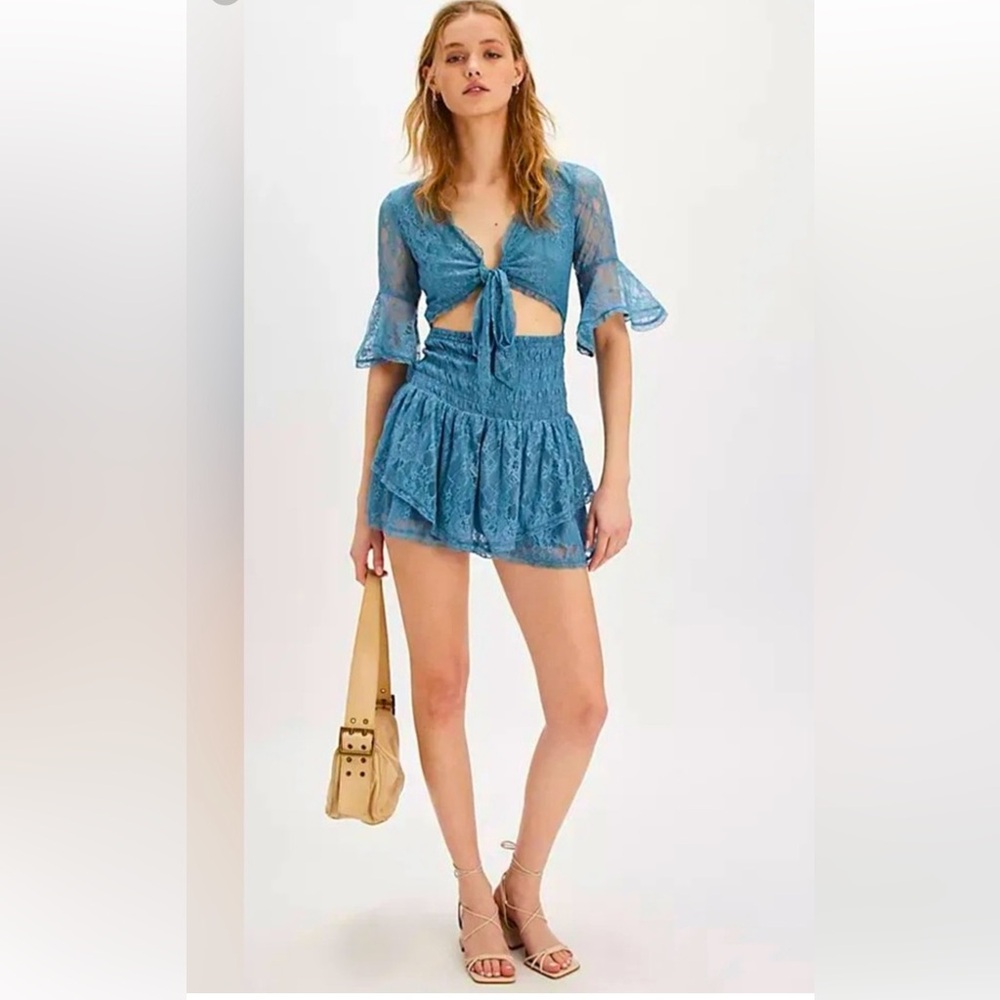 New! Free People Lala Lace Mini Dress Cutout Tie Front Blue size XS